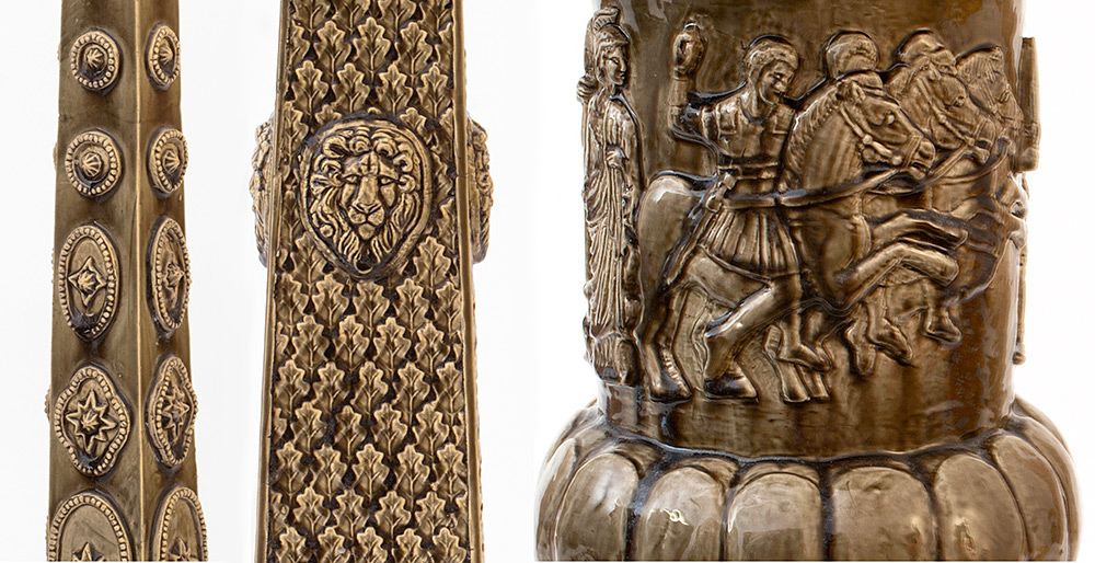 detail showing urn and patterned obelisks